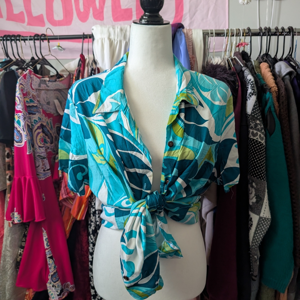 Tropical Blue and Green Women's Tie-Front Top